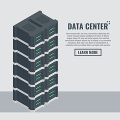 Futuristic server cabinet, data bank center banner, server farm isometric vector illustration