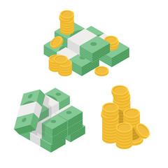 Set heaps of money. Various kind of money with dollar and gold coin. Concept of big money. Big pile of cash. Hundreds of dollars. Isometric flat vector illustration