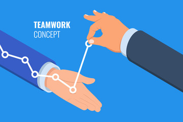 Teamwork overcoming difficult in businesses concept with hand that keep graphic and hand that pulls graph up isometric flat vector illustration