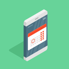 Concept of scheduling tasks on mobile device. Modern smartphone with red calendar in isometric style. Mobile Calendar app. Flat vector illustration