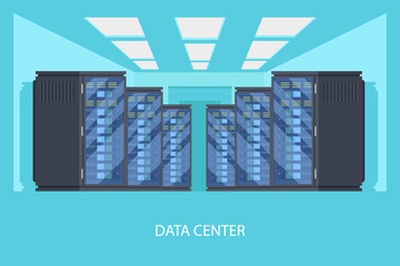 Big data center with two lines server cabinets inside admin room 3d flat vector illustration