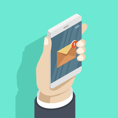 Smartphone in hand with new message email notification on mobile phone isometric flat vector illustration, smartphone screen with new unread e-mail message and read mail envelope icons, inbox concept