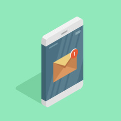 Smartphone with e-mail message icon on screen isometric flat vector illustration. New unread e-mail message and read mail envelope icons, inbox concept