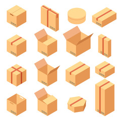 Isometric set of cool paper boxes in various variants. 3d Flat vector illustration