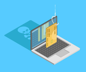 Concept of phishing and steel personal data. Credit car on hook with laptod drop skull shadow. Isometric flat vector illustration