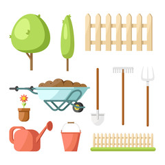 Set of garden tools with tree truck wooden fence and other flat vector illustration