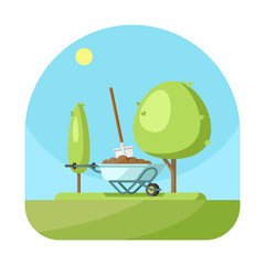 Trees plant concept with truck shovel tree grass flat vector illustration
