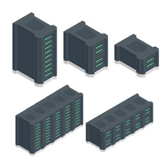 Set of modern server town equipment in vector isometric. Server farm rack. Flat illustration