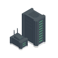 Composition of server farm and backup storage with wi-fi router vector isometric