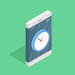 Smartphone with alarm clock on screen. Isometric vector illustration