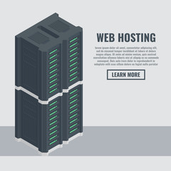 Web hosting banner in isometric style. Server rack room flat vector illustration