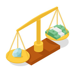 Money concept golden classic scales with bowls with dollar and diamond. Currency conceptual art. Isometric flat vector illustration