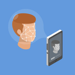 Smartphone scans a person face. Biometric identification. Facial recognition system concept. Mobile app for face recognition. Isometric flat vector illustration