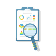 Clipboard financial tables, graphs, magnifying glass. Organization business, planning , process, work, analytics, research, report, market analysis. Flat vector illustration