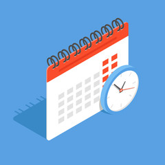 Calendar and clock in isometric. The concept of planning cases, important events and dates. Flat vector illustration