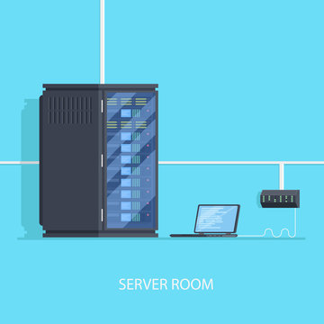 Server room concept with switch laptop. Server configuration process, admin room flat vector illusttation