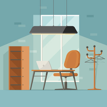Creative workplace in 3d flat style. Modern interior with table computer lamp armchair hanger brick wall. Vector illustration