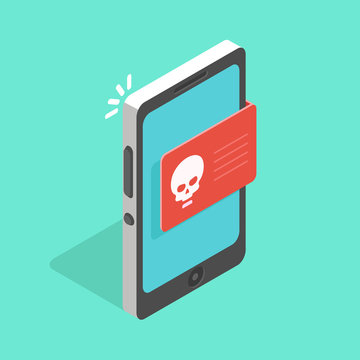 Infected mobile operating system. Malware notification on smartphone vector, concept of spam data, fraud internet error message, insecure connection, online scam, virus. Isometric flat vector picture