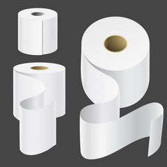 Realistic paper roll mock up set isolated vector illustration blank white 3d packaging kitchen towel template