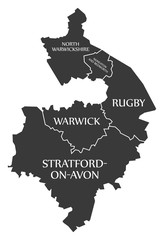Warwickshire county England UK black map with white labels illustration