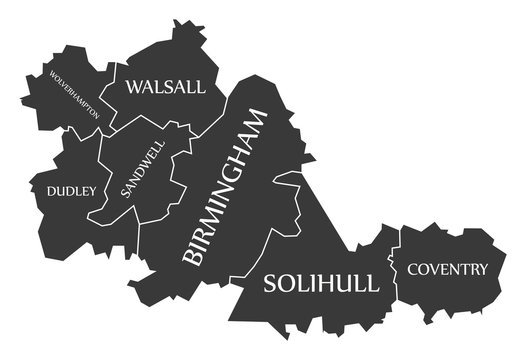 West Midlands metropolitan county England UK black map with white labels illustration