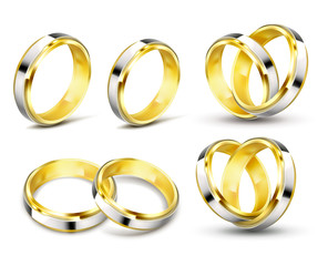 Set of realistic vector illustrations of gold wedding rings with elements of silver, platinum with shadow isolated on white. Print, template, design element