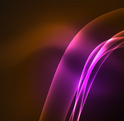 Energy lines, glowing waves in the dark, vector abstract background