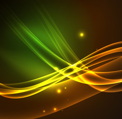 Energy lines, glowing waves in the dark, vector abstract background