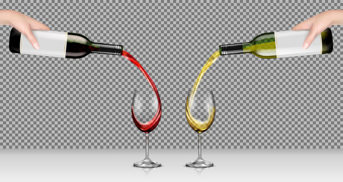 Set of vector realistic illustrations of hands holding glass bottles with white and red wine and pour it into transparent glasses, isolated, with reflection. Template, mockup for design, advertising