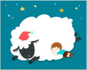 Sleeping boy with fluffy sheep vector.