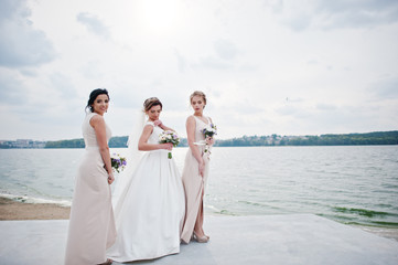 Stunning bride with pretty bridesmaids posing with bouquets on the lakeside.