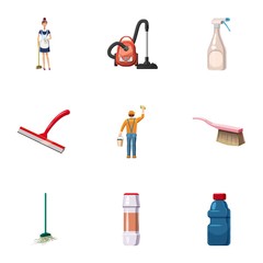Cleaning company icons set, cartoon style