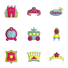 Princess things icons set, flat style