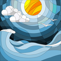 Obrazy na Szkle  Ilustracja w stylu witrażu z morskim krajobrazem, morzem, chmurą, niebem i słońcem