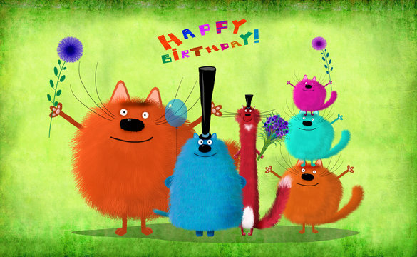 Birthday Card Big Company Of Cats With Flowers And Balloon