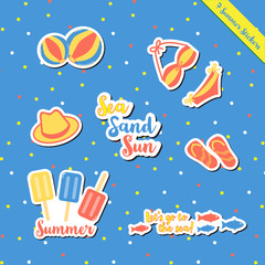 Set of hot summer sticker items cute gift and scrapbook paper craft with hat, bikini, ball, fish, sandal, ice-cream, Popsicle, colorful fun on the sea sand beach.