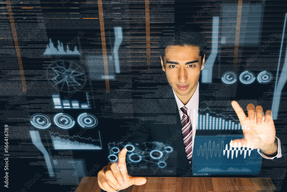 Poster businessman controlling futuristic hologram interface.