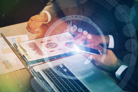 business meeting and technological pattern. abstract mixed media. - Powered by Adobe