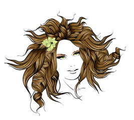 Sketch of Fashion style. Girl with flowers in her hair