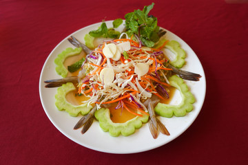 raw shrimp and spicy sauce, seafood thailand (spicy salad shrimp in fish sauce).