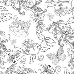 Seamless pattern, background with vintage style flowers and animals. Outline hand drawing coloring page for adult coloring book. Stock line vector illustration.

