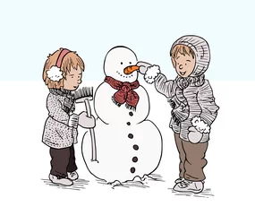 Foto auf Leinwand Twee kinderen maken een sneeuwpop © emieldelange