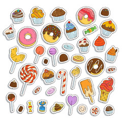 Doodle sweets set. Ice cream, donuts, cupcakes, chocolate, candies.