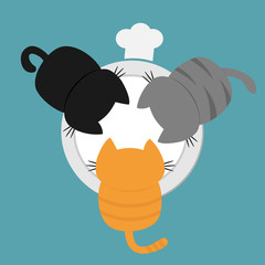 Three kittens drinking eating milk from bowl plate. Chef hat. Funny kawaii baby kitty animal family. Cat feeding concept. Cute cartoon pet character set. Flat design Blue background