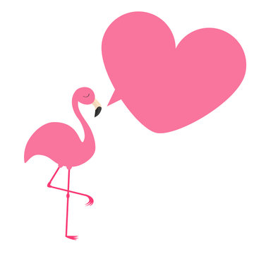 Flamingo. Exotic tropical bird. Zoo animal collection. Pink heart frame talking bubble. Cute cartoon character. Decoration element. Flat design. White background. Isolated.