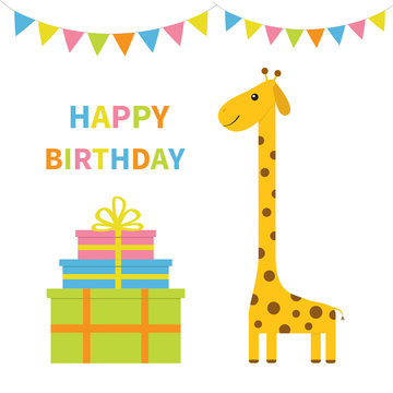 Happy Birthday greeting card. Giraffe with spot. Long neck. Cute cartoon character. Colorful paper flags. Giftbox pyramid set Baby card. White background. Isolated. Flat design