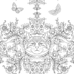 Seamless pattern, background with vintage style flowers and animals. Outline hand drawing coloring page for adult coloring book. Stock line vector illustration.

