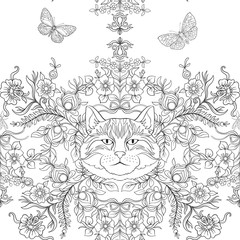Seamless pattern, background with vintage style flowers and animals. Outline hand drawing coloring page for adult coloring book. Stock line vector illustration.