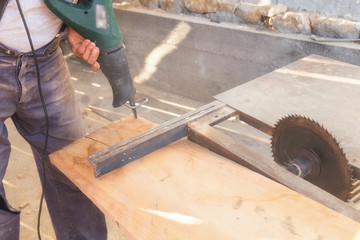 Carpenter's dusty old / retro circular table saw.