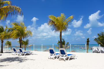 Sunbeds on the tropical paradise. Sunny and hot day by the beach.